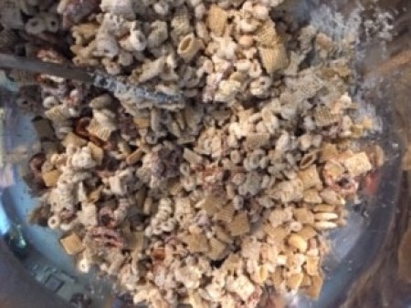 A mixture for the Christmas crunch mix.