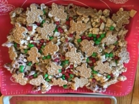 The finished Christmas crunch mix.