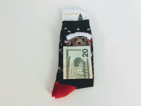 A $20 bill on top of a pair of socks.