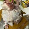 A turkey carcass being cut into smaller pieces.