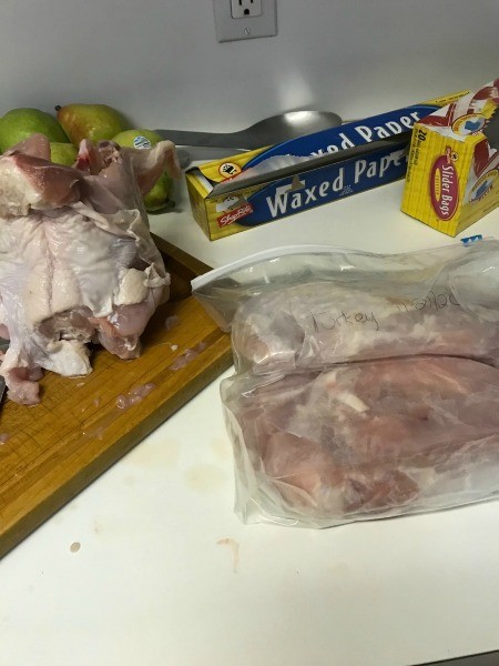 A bag with turkey parts for the freezer.