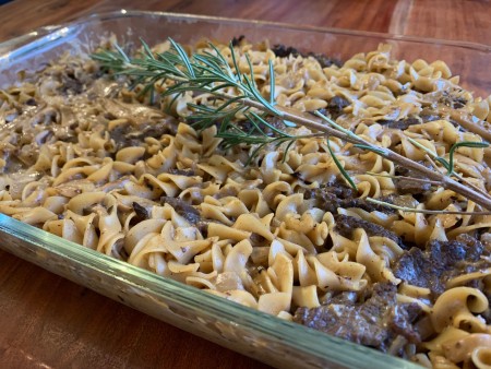 A casserole with beef and mushrooms.
