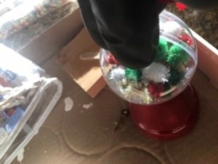 Mini Gumball Machine Christmas Ornament - attaching the ornament to the bottom of the pot