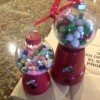 Mini Gumball Machine Christmas Ornament - two completed ornaments, one with pom poms and one with plastic beads