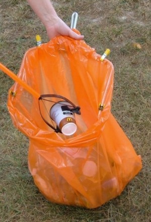 Bag Holder for Picking Up Litter - adding a McDonald's cup to the bag