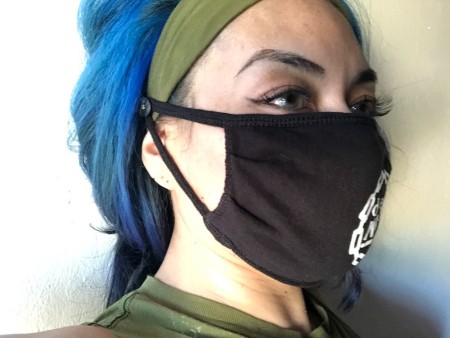 Buttoned Headband for Masks - woman wearing a mask attached to the headband buttons