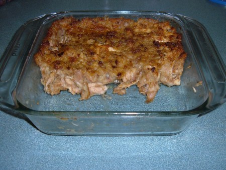 Half of the casserole is missing.