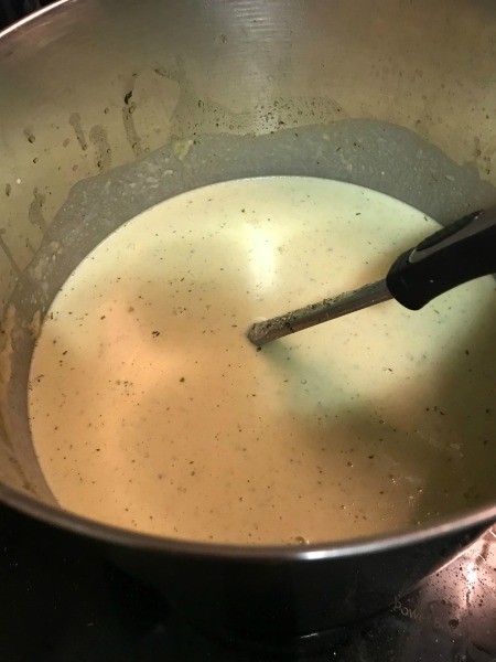 A pan of Broccoli Cauliflower Cheese Soup