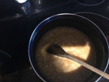 Mixing the caramel in a sauce pan.