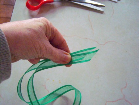 The ends of a piece of colorful ribbon.