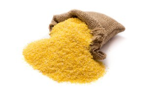 A sack of cornmeal on a white background.