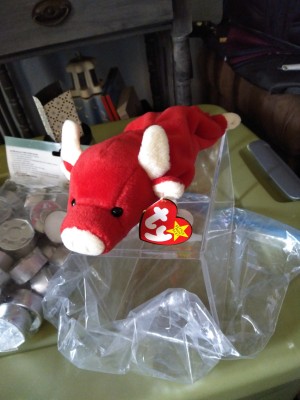 Value of a Rare Snort the Bull Beanie Baby? - red and white bull stuffed toy