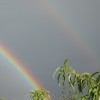 A double rainbow in the sky.