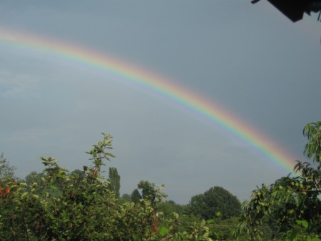 A rainbow in the sky.