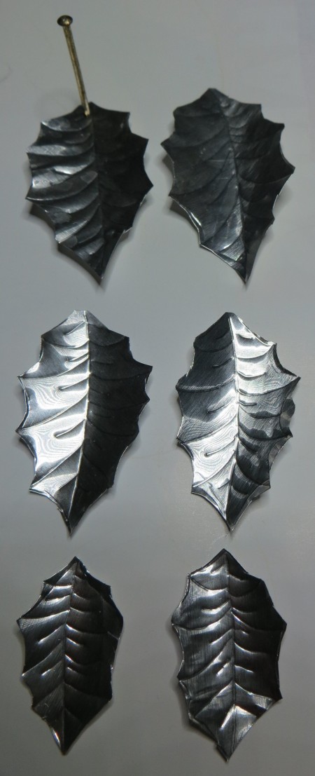 Aluminum Leaf Earrings - veins added and ready to punch hole (view from back)