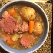 A completed pot of corned beef and cabbage.