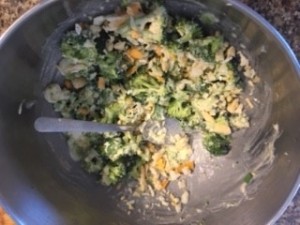 The mixed broccoli salad in a bowl.