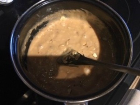 Cooking toffee ingredients in a pan.