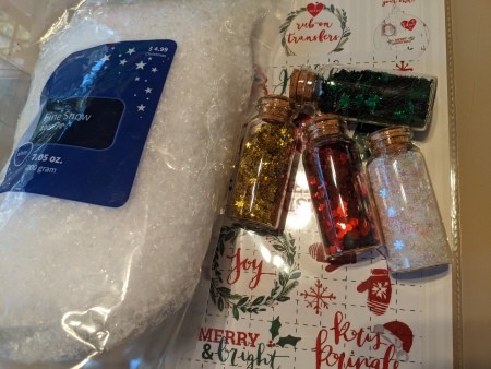 Supplies for filling ornaments.