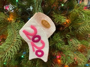 Felt Toilet Paper Ornament - unrolling TP ornament with 2020 in pink felt