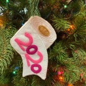 Felt Toilet Paper Ornament - unrolling TP ornament with 2020 in pink felt