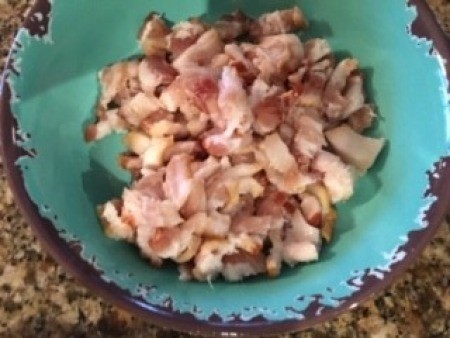 Chopped bacon in a bowl.