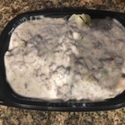 A finished plate of beef stroganoff.