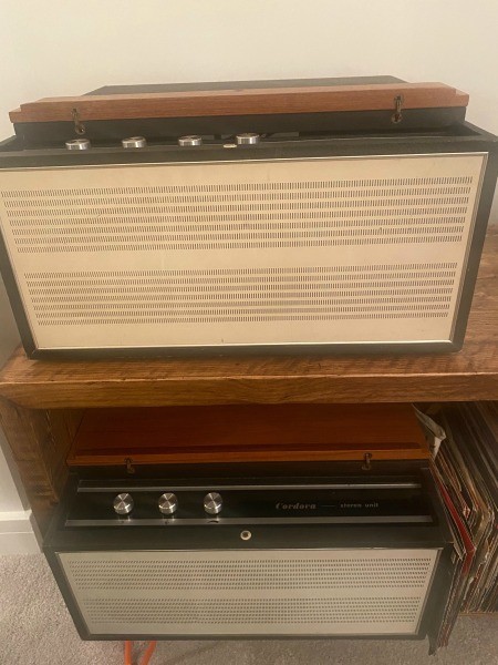 A vintage record player.
