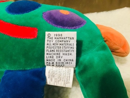A label on a stuffed toy.