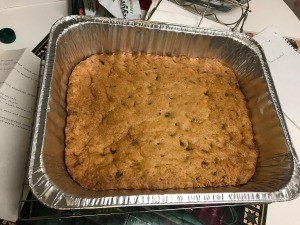 A pan of chocolate chip bar cookies.