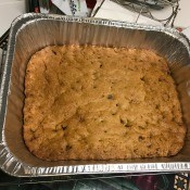 A pan of chocolate chip bar cookies.