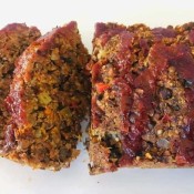 Slices of vegan lentil meatloaf.