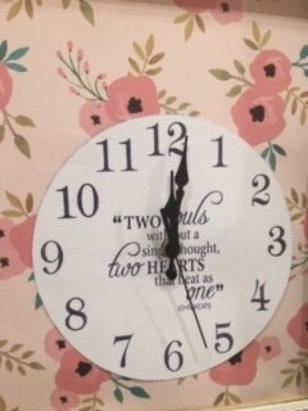 The clock face on a decorative background.