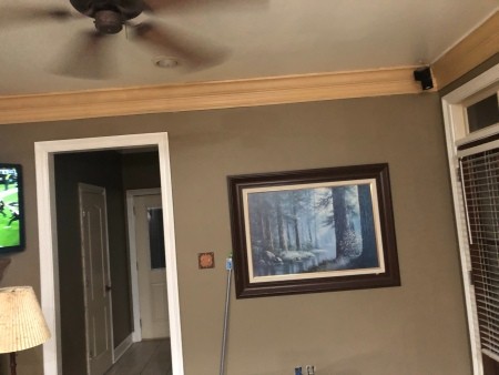 A room with brown walls.