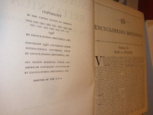The copyright and first page of an Encyclopedia Britannica.
