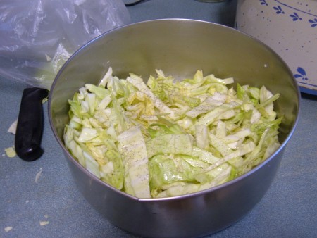 Chopped cabbage in a bowl.
