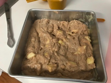 The batter is placed in a baking pan.