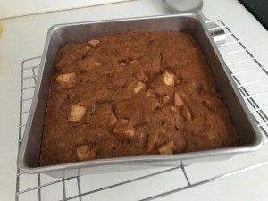 A baked pan of applesauce crazy cake.