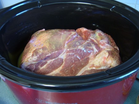 Placing the pork roast into a slow cooker.