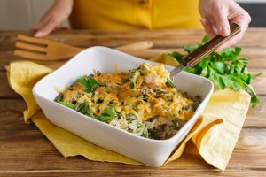 Chicken and rice baked together.