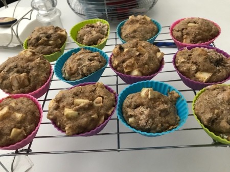 Baked muffins in silicone muffin cups.
