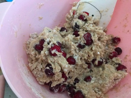 Cranberry muffin batter in a bowl.