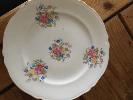 A floral pattern on a china plate.