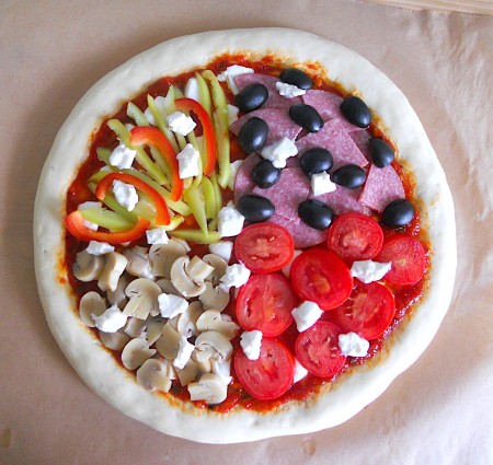 The pizza with 4 quadrants of toppings.