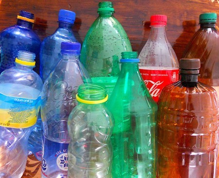 A collection of recycled soda bottles.