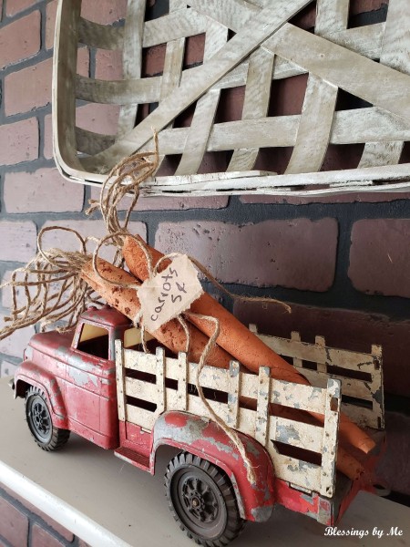 The finished Paper Bag Carrots in a toy truck.