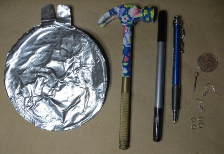 Supplies for easy recycled aluminum earrings.