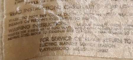 Label on electric blanket.