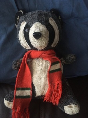 Stuffed Raccoon with Red Scarf