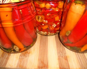 Pickled Spicy Peppers in jars.